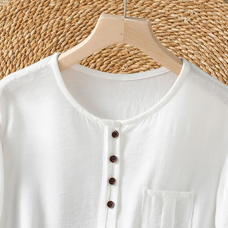 Buddha Stones Camisa de manga tres cuartos para mujer, estilo casual de primavera, minimalista, con botones y bolsillo de parche. - image 31