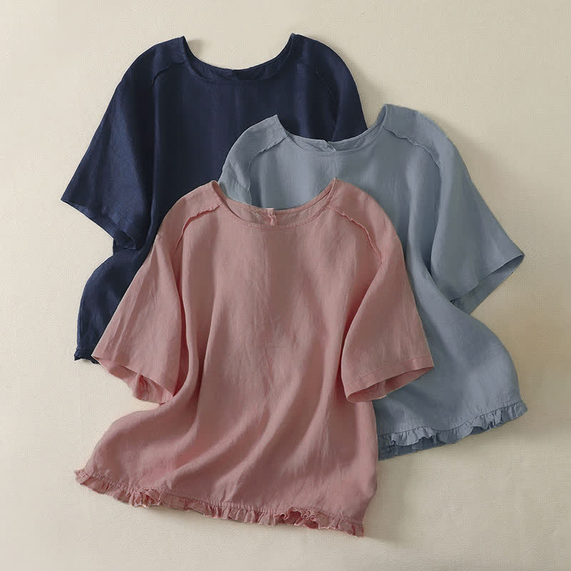 Buddha Stones Camisetas de manga corta para mujer, estilo casual veraniego, minimalistas, con volantes en el bajo y color liso. - image 0