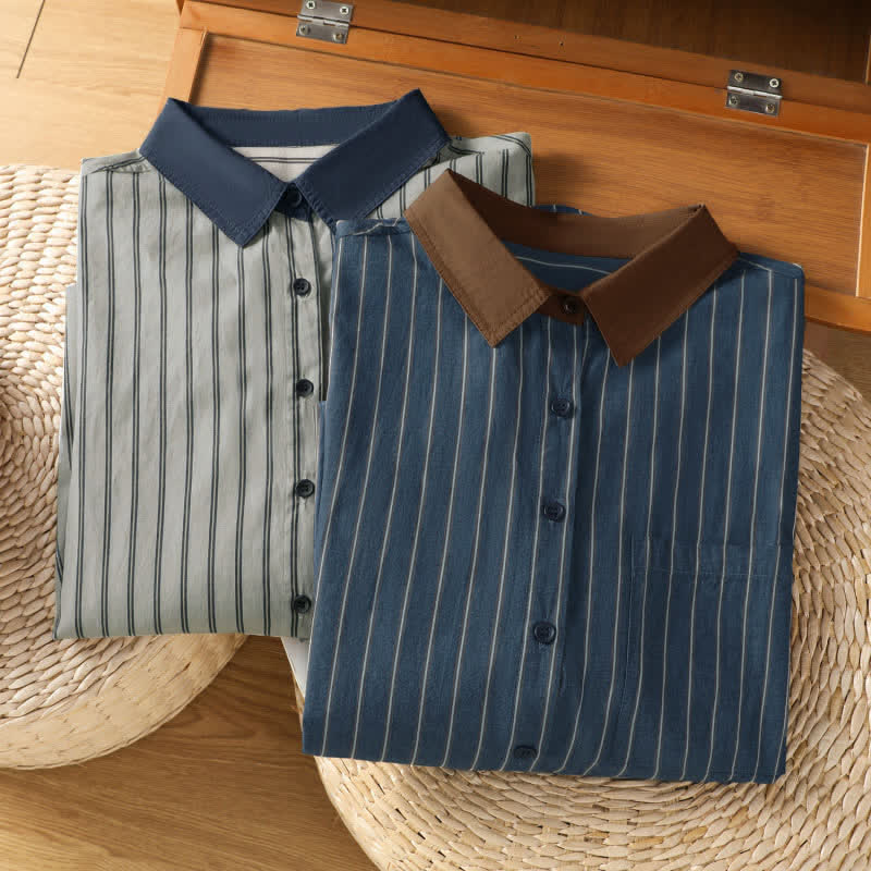 Buddha Stones Camisa de manga larga para mujer, estilo casual minimalista, con botones, rayas y ribete en contraste, ideal para primavera y verano. - image 18