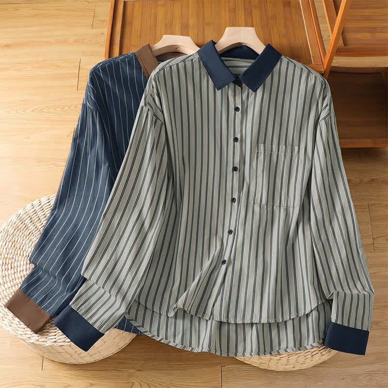 Buddha Stones Camisa de manga larga para mujer, estilo casual minimalista, con botones, rayas y ribete en contraste, ideal para primavera y verano. - image 0