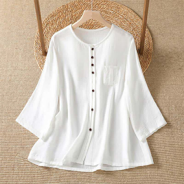Buddha Stones Camisa de manga tres cuartos para mujer, estilo casual de primavera, minimalista, con botones y bolsillo de parche. - Blanco - US4-8/10, UK/AU8-12/14, EU36-40/42 (F) - image 29