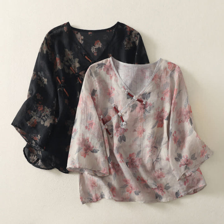 Buddha Stones Camisas de manga tres cuartos para mujer, estilo vintage, con cuello en V, botones de rana y estampado floral, estilo Summer Tang. - image 14