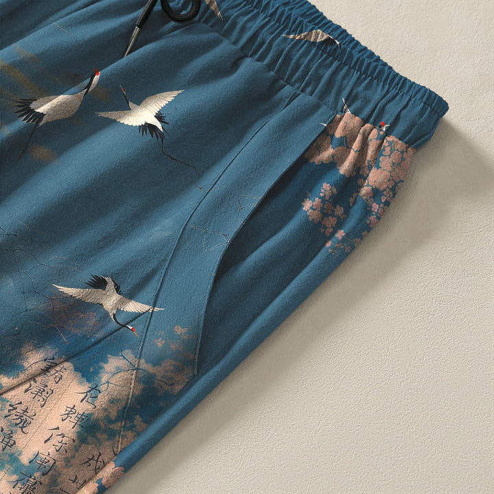 Buddha Stones Pantalones de hombre de algodón puro con estampado de caligrafía de grullas y nubes, cordón ajustable y corte cónico, con bolsillos. - image 4