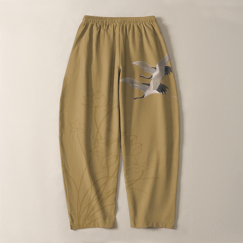 Buddha Stones Pantalones de hombre de algodón puro con estampado de grullas voladoras y flores de loto, con cordón ajustable y corte ajustado, y bolsillos. - image 10