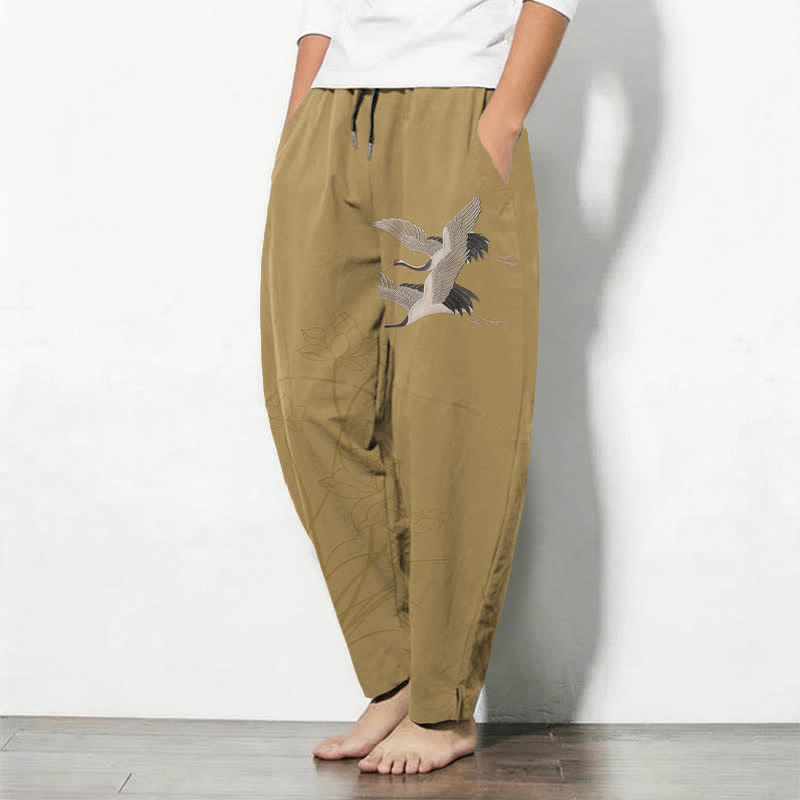 Buddha Stones Pantalones de hombre de algodón puro con estampado de grullas voladoras y flores de loto, con cordón ajustable y corte ajustado, y bolsillos. - image 8