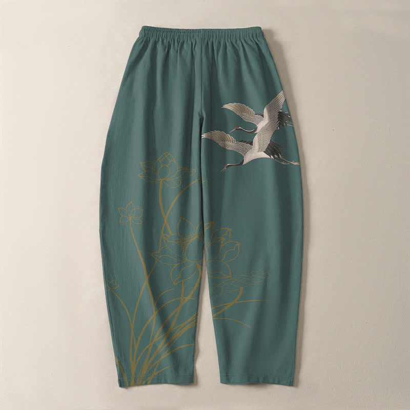 Buddha Stones Pantalones de hombre de algodón puro con estampado de grullas voladoras y flores de loto, con cordón ajustable y corte ajustado, y bolsillos. - image 14
