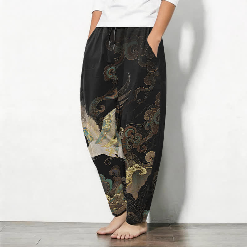 Buddha Stones Pantalones de hombre de algodón puro con estampado de grullas, nubes y olas, con cordón ajustable y corte ajustado, y bolsillos. - image 1