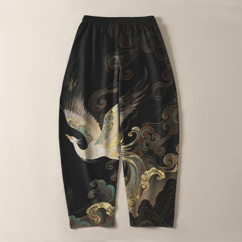 Buddha Stones Pantalones de hombre de algodón puro con estampado de grullas, nubes y olas, con cordón ajustable y corte ajustado, y bolsillos. - image 3