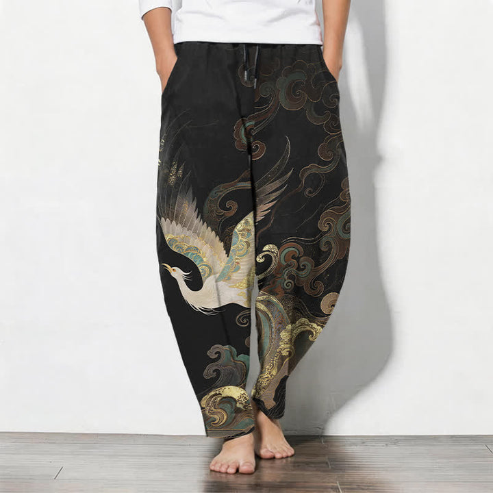 Buddha Stones Pantalones de hombre de algodón puro con estampado de grullas, nubes y olas, con cordón ajustable y corte ajustado, y bolsillos. - Negro - US/UK/AU50, EU60 (5XL) - image 0
