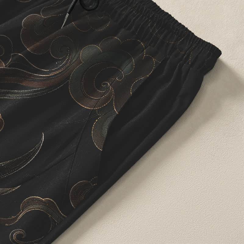 Buddha Stones Pantalones de hombre de algodón puro con estampado de grullas, nubes y olas, con cordón ajustable y corte ajustado, y bolsillos. - image 4