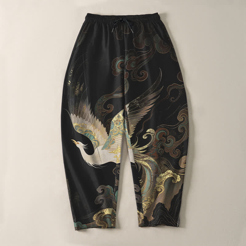 Buddha Stones Pantalones de hombre de algodón puro con estampado de grullas, nubes y olas, con cordón ajustable y corte ajustado, y bolsillos. - image 2