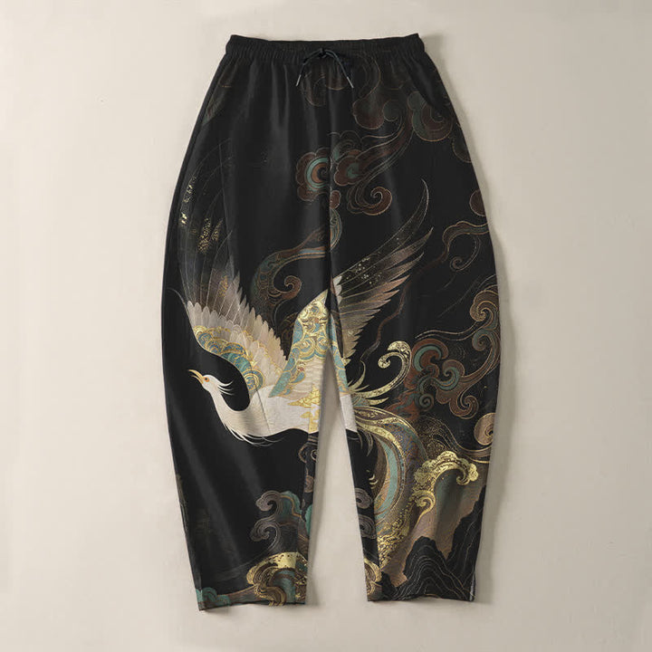Buddha Stones Pantalones de hombre de algodón puro con estampado de grullas, nubes y olas, con cordón ajustable y corte ajustado, y bolsillos. - image 2