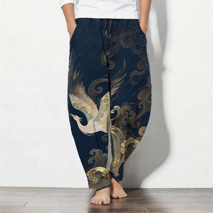 Buddha Stones Pantalones de hombre de algodón puro con estampado de grullas, nubes y olas, con cordón ajustable y corte ajustado, y bolsillos. - Azul medianoche - US/UK/AU50, EU60 (5XL) - image 7