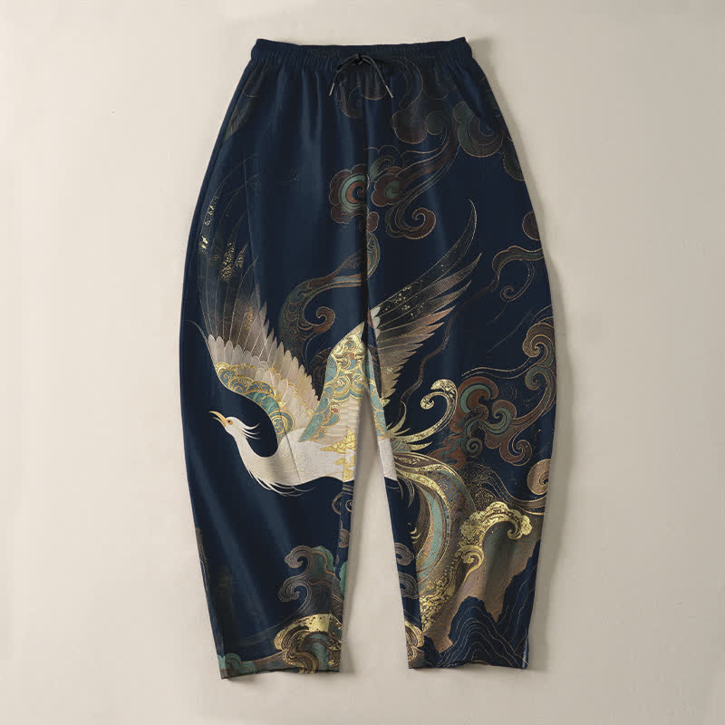 Buddha Stones Pantalones de hombre de algodón puro con estampado de grullas, nubes y olas, con cordón ajustable y corte ajustado, y bolsillos. - image 9