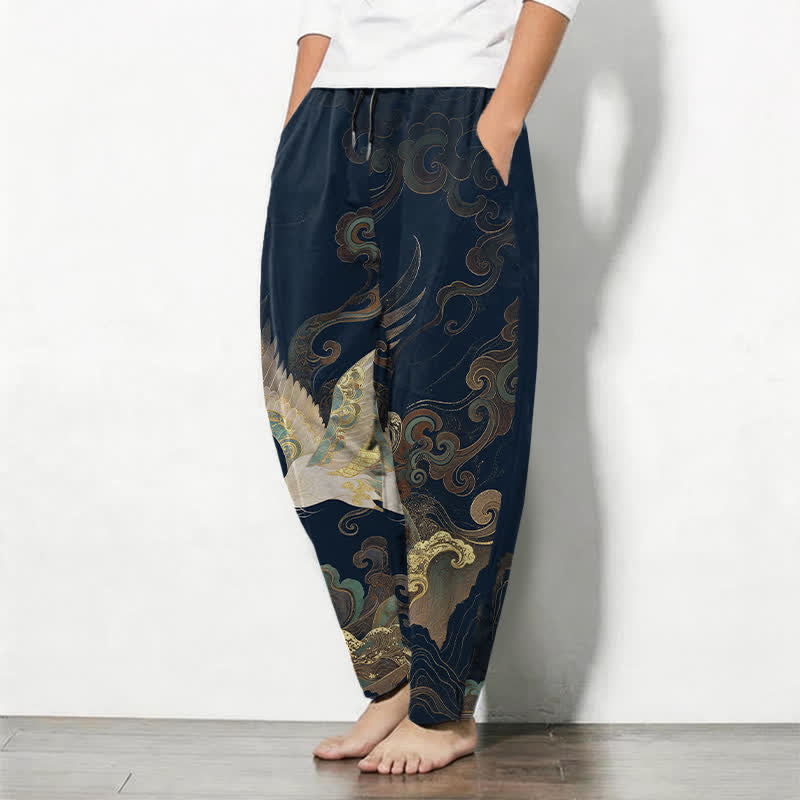 Buddha Stones Pantalones de hombre de algodón puro con estampado de grullas, nubes y olas, con cordón ajustable y corte ajustado, y bolsillos. - image 8
