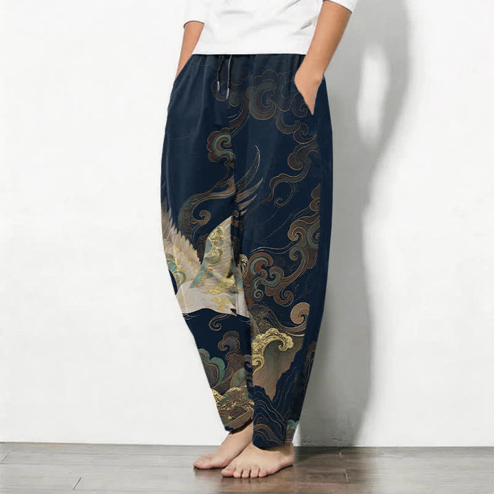 Buddha Stones Pantalones de hombre de algodón puro con estampado de grullas, nubes y olas, con cordón ajustable y corte ajustado, y bolsillos. - image 8