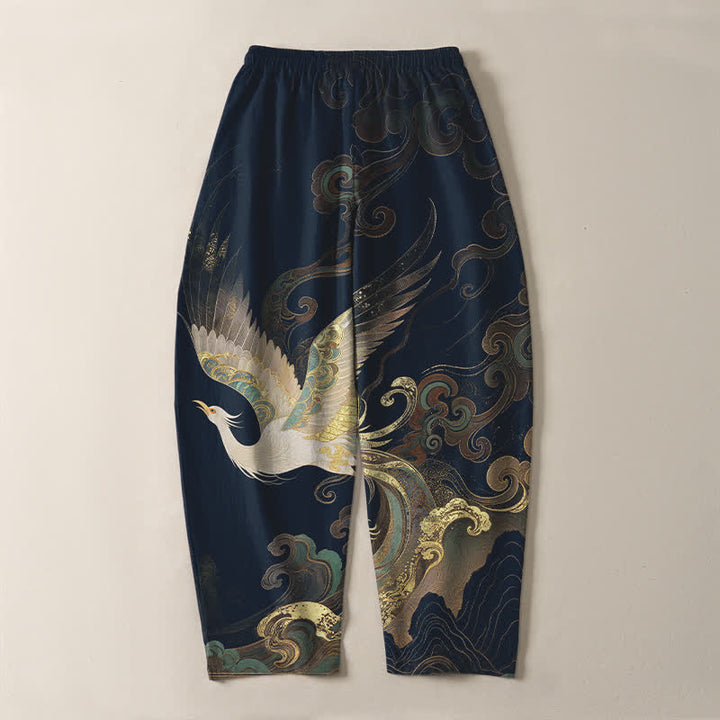 Buddha Stones Pantalones de hombre de algodón puro con estampado de grullas, nubes y olas, con cordón ajustable y corte ajustado, y bolsillos. - image 10
