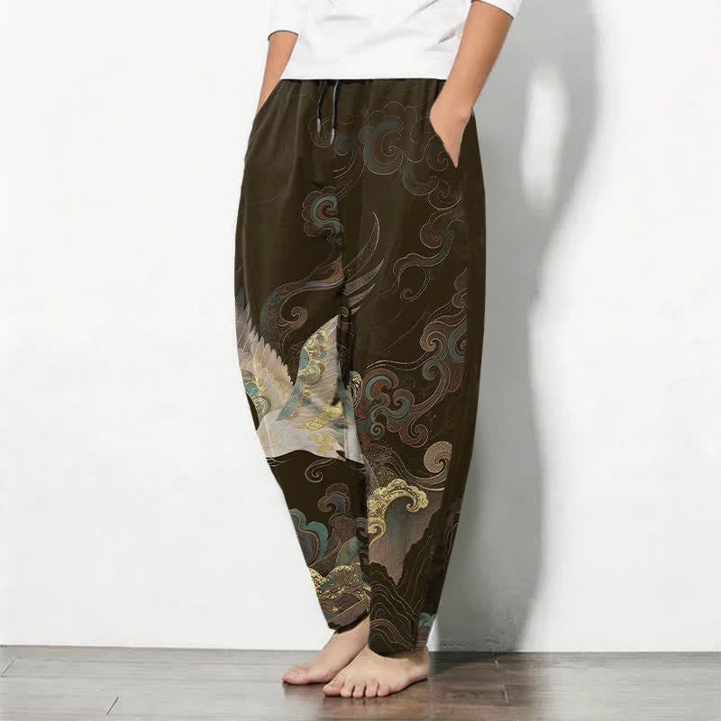 Buddha Stones Pantalones de hombre de algodón puro con estampado de grullas, nubes y olas, con cordón ajustable y corte ajustado, y bolsillos. - image 12