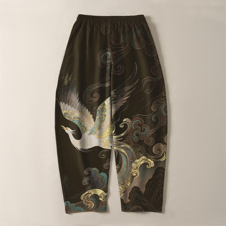 Buddha Stones Pantalones de hombre de algodón puro con estampado de grullas, nubes y olas, con cordón ajustable y corte ajustado, y bolsillos. - image 14