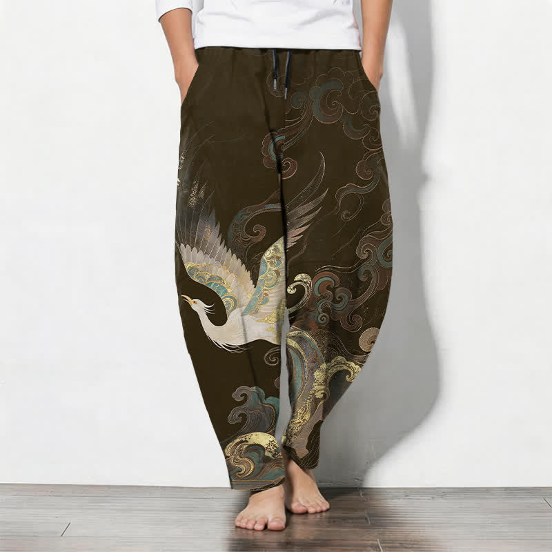 Buddha Stones Pantalones de hombre de algodón puro con estampado de grullas, nubes y olas, con cordón ajustable y corte ajustado, y bolsillos. - Marrón silla de montar - US/UK/AU50, EU60 (5XL) - image 11