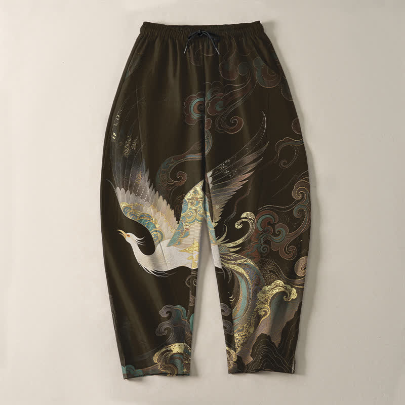 Buddha Stones Pantalones de hombre de algodón puro con estampado de grullas, nubes y olas, con cordón ajustable y corte ajustado, y bolsillos. - image 13
