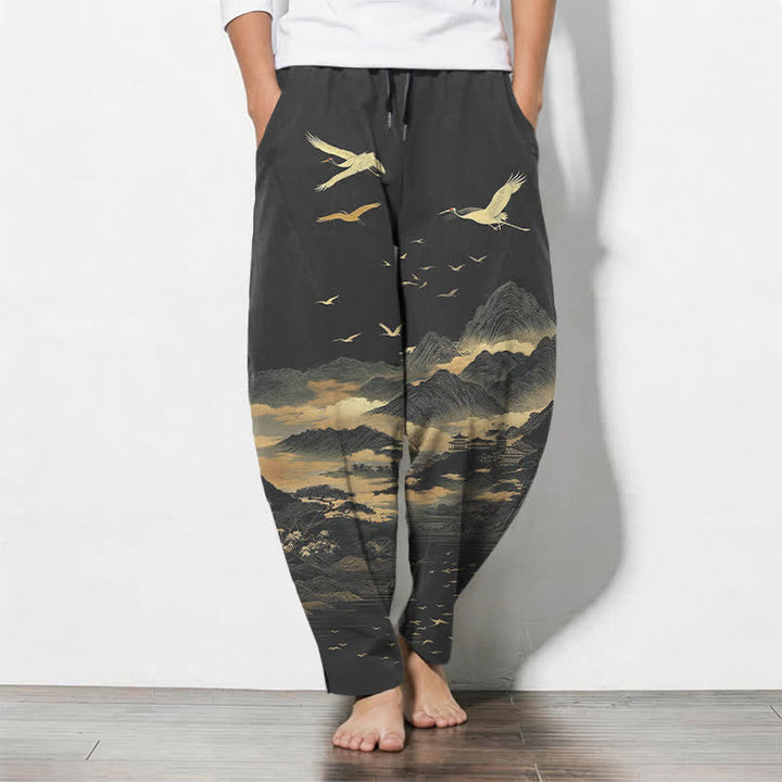 Buddha Stones Pantalones de hombre de algodón puro con estampado de grullas de montaña y cordón ajustable, corte cónico y bolsillos. - Gris oscuro - US/UK/AU50, EU60 (5XL) - image 7