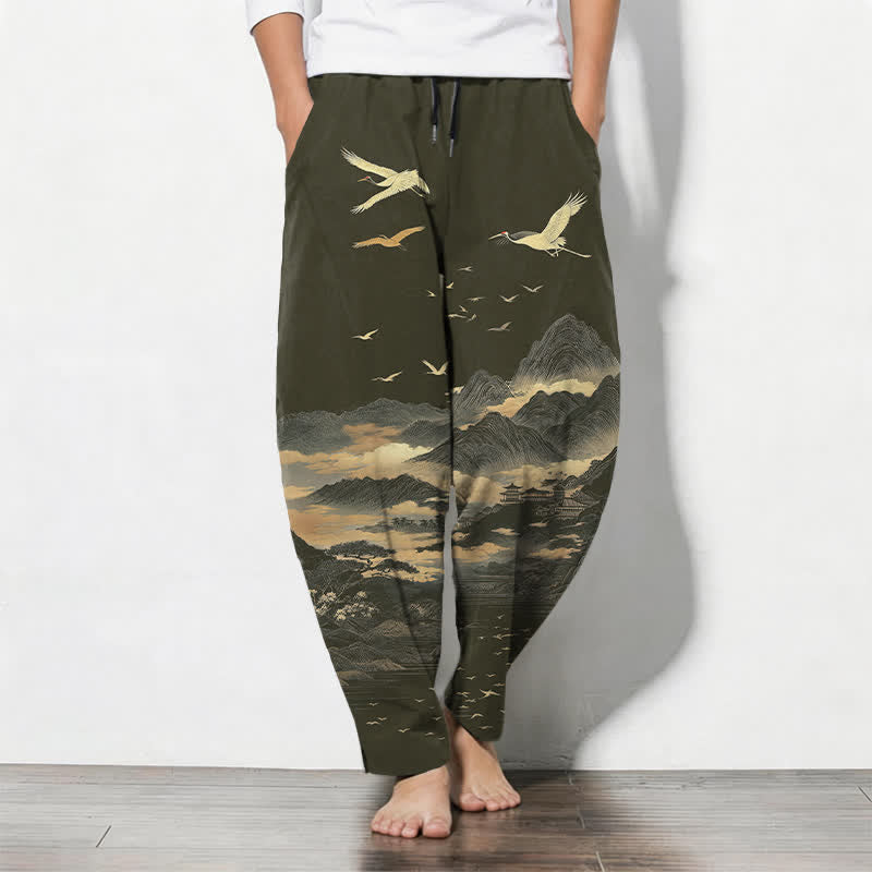 Buddha Stones Pantalones de hombre de algodón puro con estampado de grullas de montaña y cordón ajustable, corte cónico y bolsillos. - Verde oliva oscuro - US/UK/AU50, EU60 (5XL) - image 11