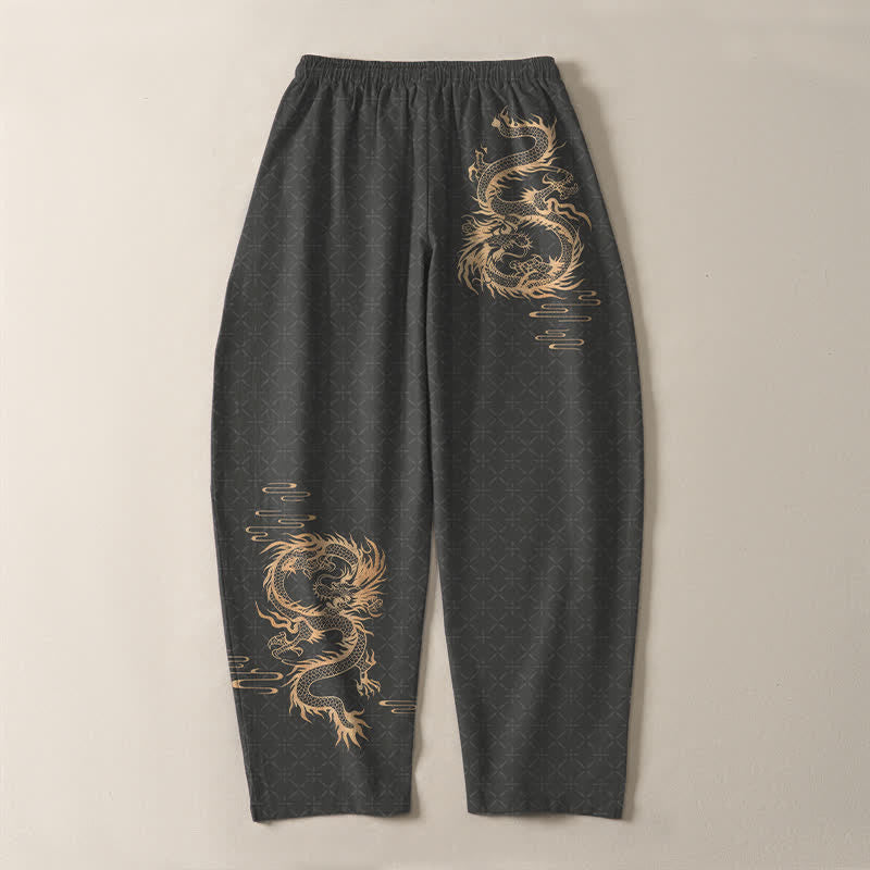 Buddha Stones Pantalones de hombre de algodón puro con estampado de dragón dorado, cordón ajustable y corte cónico, con bolsillos. - image 3
