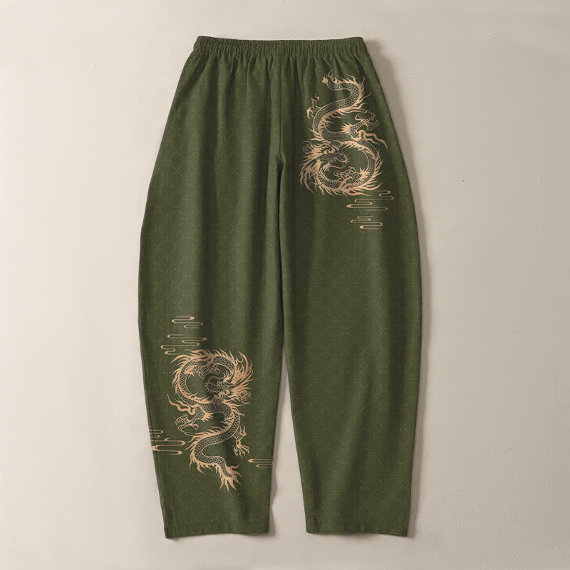 Buddha Stones Pantalones de hombre de algodón puro con estampado de dragón dorado, cordón ajustable y corte cónico, con bolsillos. - image 10