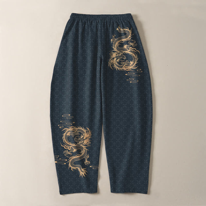 Buddha Stones Pantalones de hombre de algodón puro con estampado de dragón dorado, cordón ajustable y corte cónico, con bolsillos. - image 14