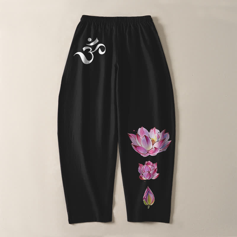 Buddha Stones Pantalones de hombre de algodón puro con estampado de loto rosa y cordón ajustable, corte cónico y bolsillos. - image 14