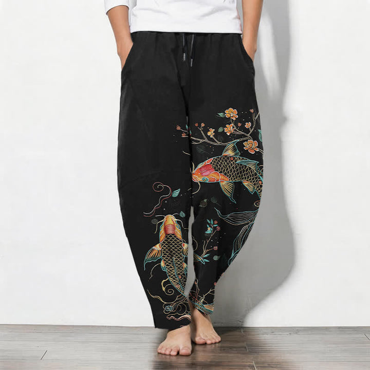 Buddha Stones Pantalones de hombre de algodón puro con estampado floral de peces koi, cordón ajustable y corte cónico, con bolsillos. - Negro - US/UK/AU50, EU60 (5XL) - image 0