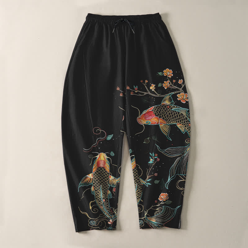 Buddha Stones Pantalones de hombre de algodón puro con estampado floral de peces koi, cordón ajustable y corte cónico, con bolsillos. - image 2