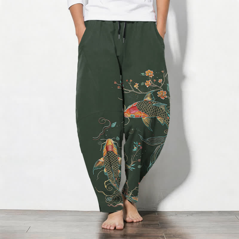 Buddha Stones Pantalones de hombre de algodón puro con estampado floral de peces koi, cordón ajustable y corte cónico, con bolsillos. - Verde oscuro - US/UK/AU50, EU60 (5XL) - image 7