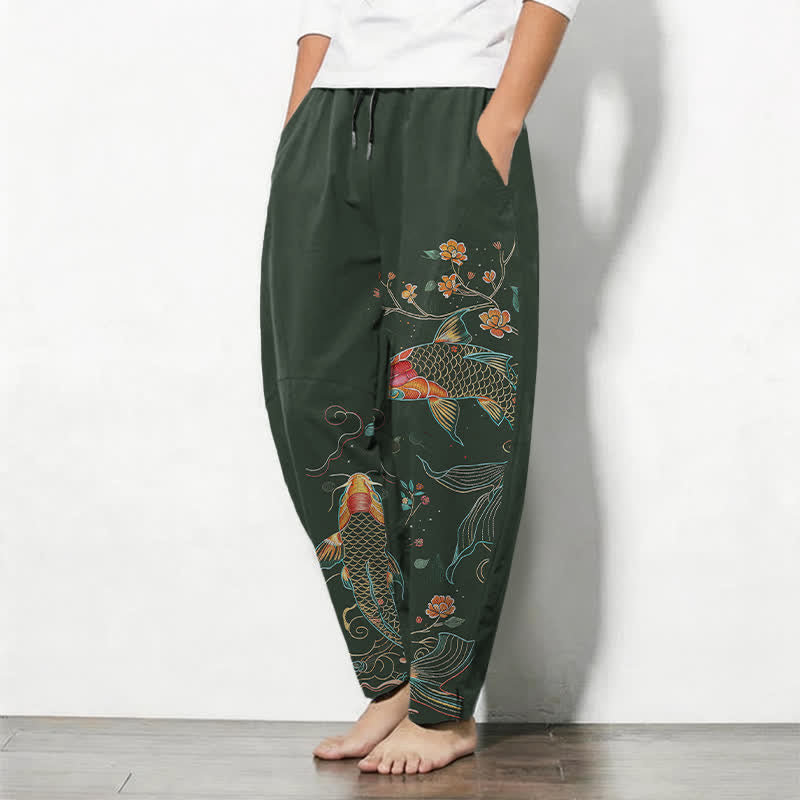 Buddha Stones Pantalones de hombre de algodón puro con estampado floral de peces koi, cordón ajustable y corte cónico, con bolsillos. - image 8