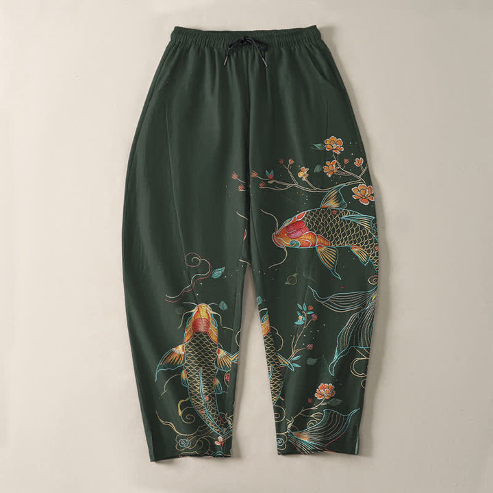 Buddha Stones Pantalones de hombre de algodón puro con estampado floral de peces koi, cordón ajustable y corte cónico, con bolsillos. - image 9