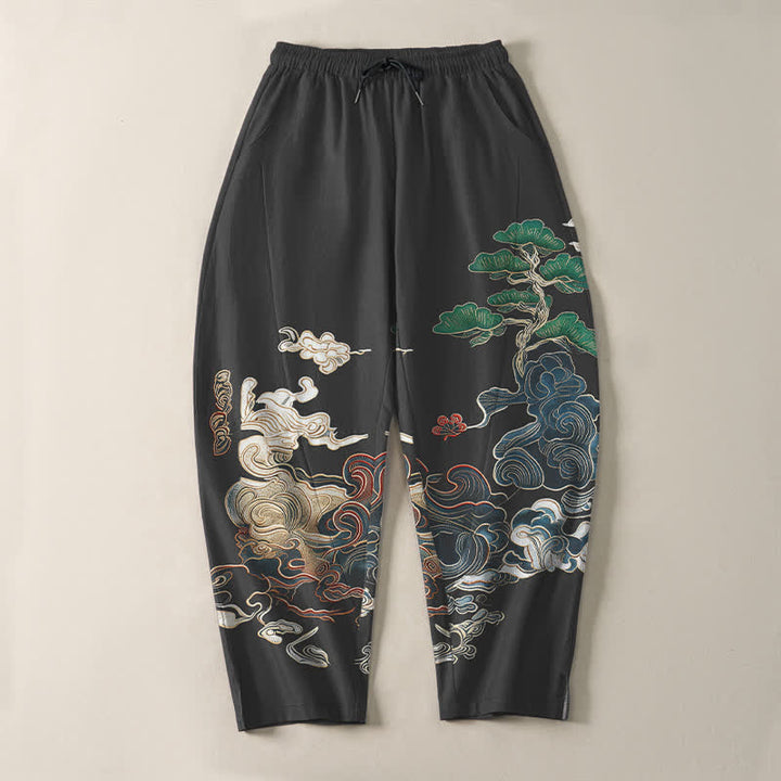 Buddha Stones Pantalones de hombre de algodón puro con estampado de nubes y pinos, corte ajustado, cordón y bolsillos. - image 2