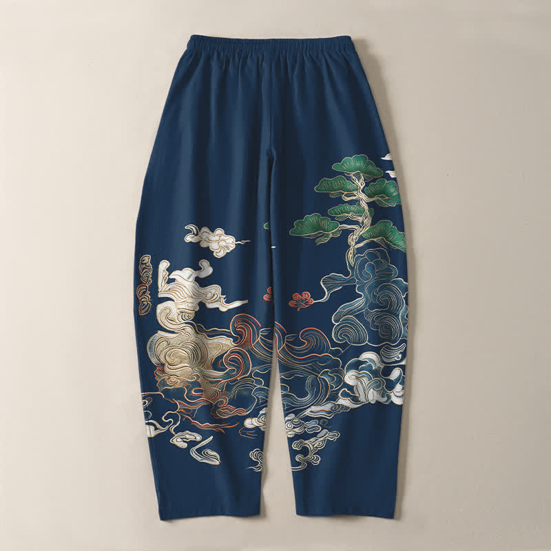 Buddha Stones Pantalones de hombre de algodón puro con estampado de nubes y pinos, corte ajustado, cordón y bolsillos. - image 10