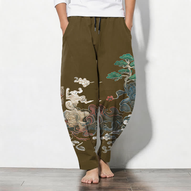 Buddha Stones Pantalones de hombre de algodón puro con estampado de nubes y pinos, corte ajustado, cordón y bolsillos. - Vara de oro oscura - US/UK/AU50, EU60 (5XL) - image 11