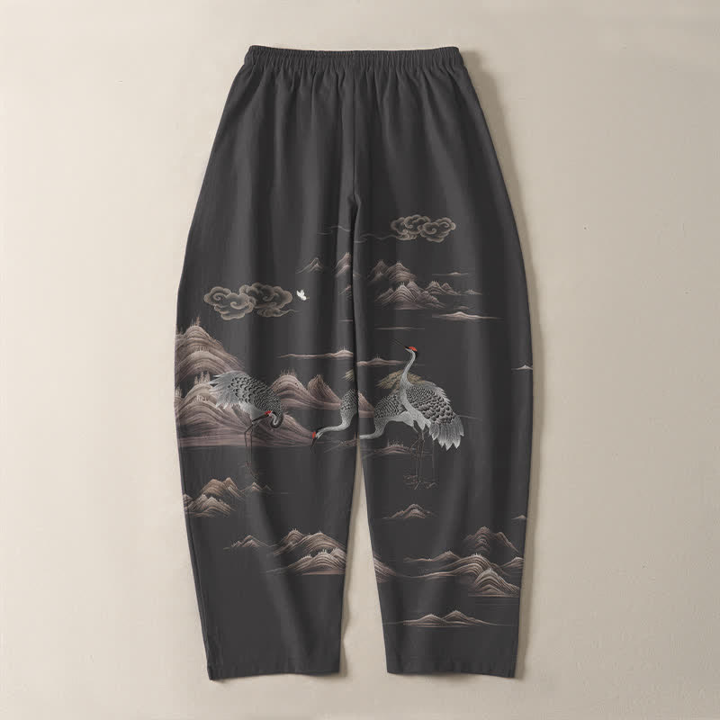 Buddha Stones Pantalones de hombre de algodón puro con estampado de grullas, nubes y montañas, corte ajustado, cordón y bolsillos. - image 3