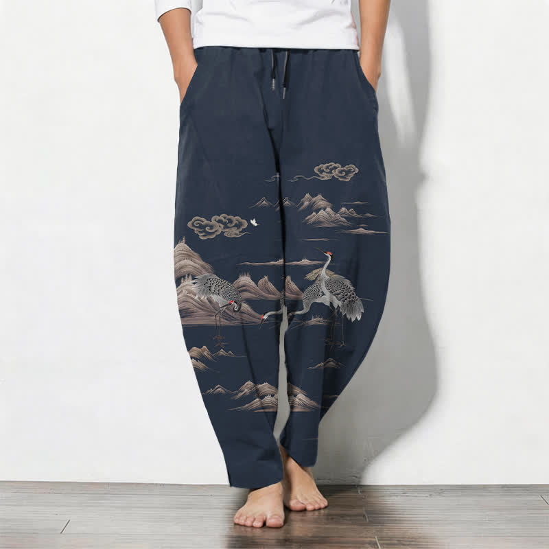 Buddha Stones Pantalones de hombre de algodón puro con estampado de grullas, nubes y montañas, corte ajustado, cordón y bolsillos. - Azul medianoche - US/UK/AU50, EU60 (5XL) - image 7
