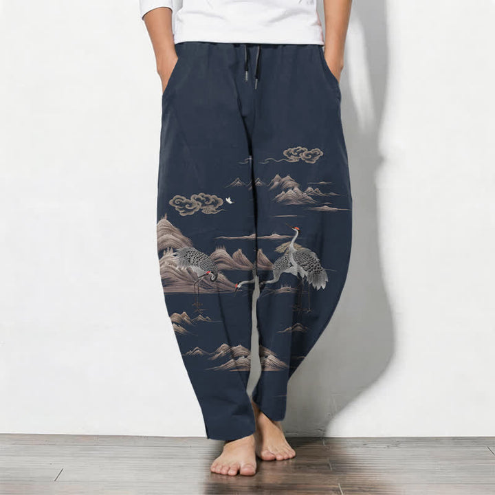 Buddha Stones Pantalones de hombre de algodón puro con estampado de grullas, nubes y montañas, corte ajustado, cordón y bolsillos. - Azul medianoche - US/UK/AU50, EU60 (5XL) - image 7