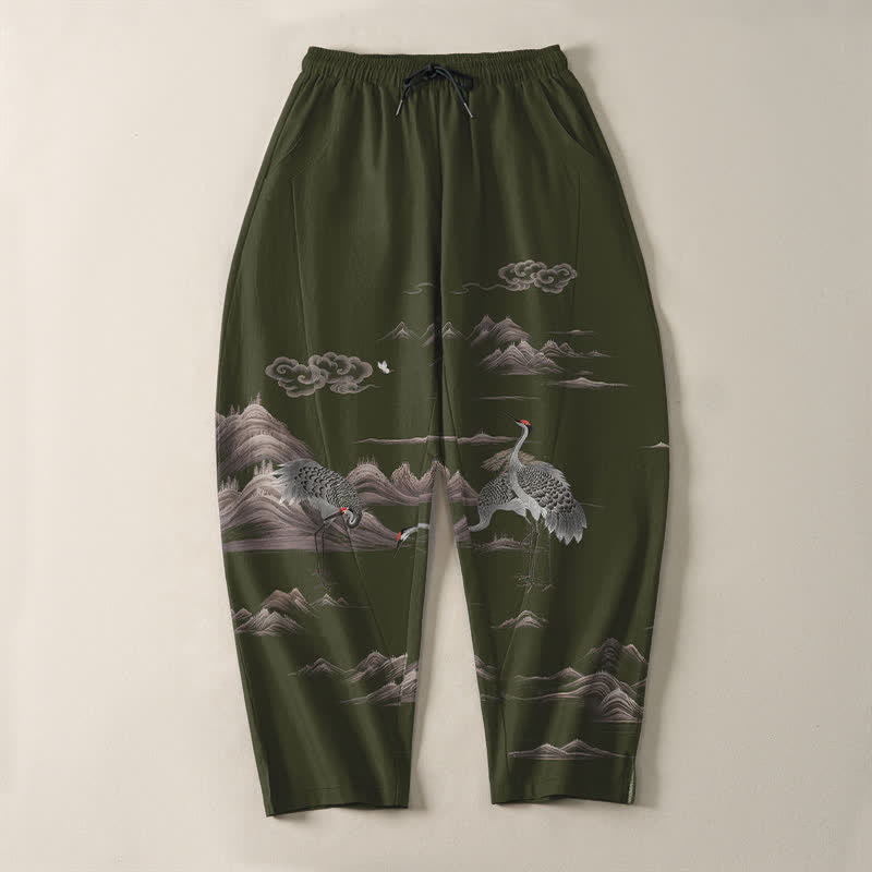 Buddha Stones Pantalones de hombre de algodón puro con estampado de grullas, nubes y montañas, corte ajustado, cordón y bolsillos. - image 13