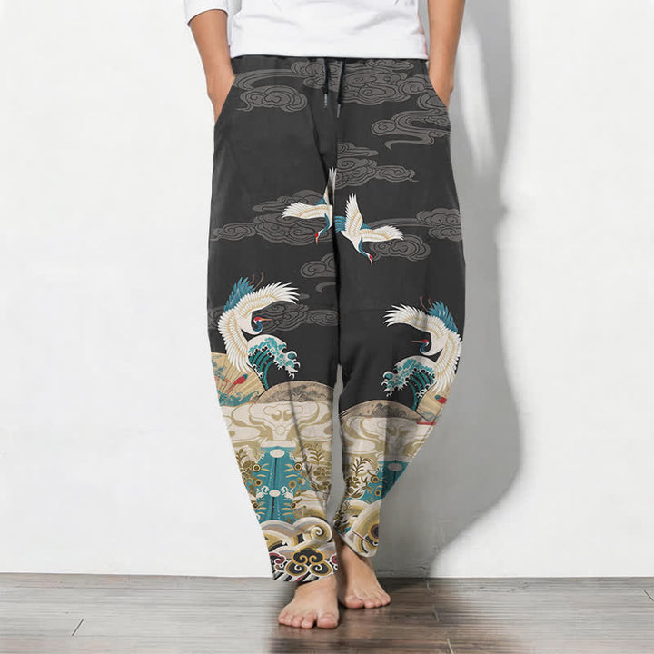 Buddha Stones Pantalones de hombre de algodón puro con estampado de nubes y grullas, corte ajustado, cordón y bolsillos. - Gris oscuro - US/UK/AU50, EU60 (5XL) - image 7