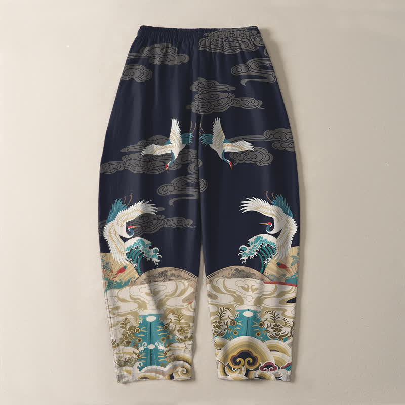 Buddha Stones Pantalones de hombre de algodón puro con estampado de nubes y grullas, corte ajustado, cordón y bolsillos. - image 3