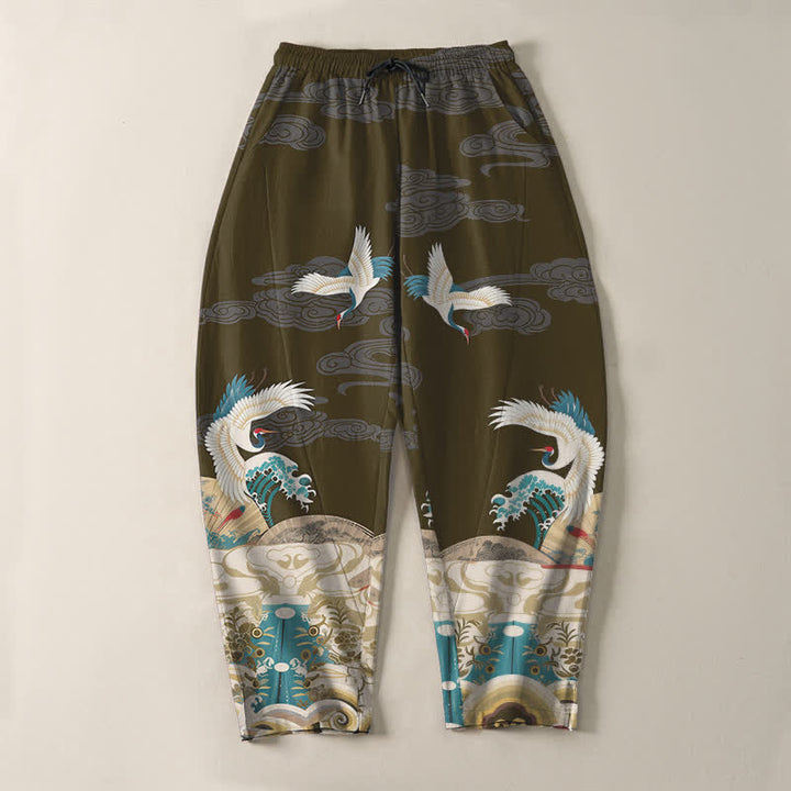 Buddha Stones Pantalones de hombre de algodón puro con estampado de nubes y grullas, corte ajustado, cordón y bolsillos. - image 13