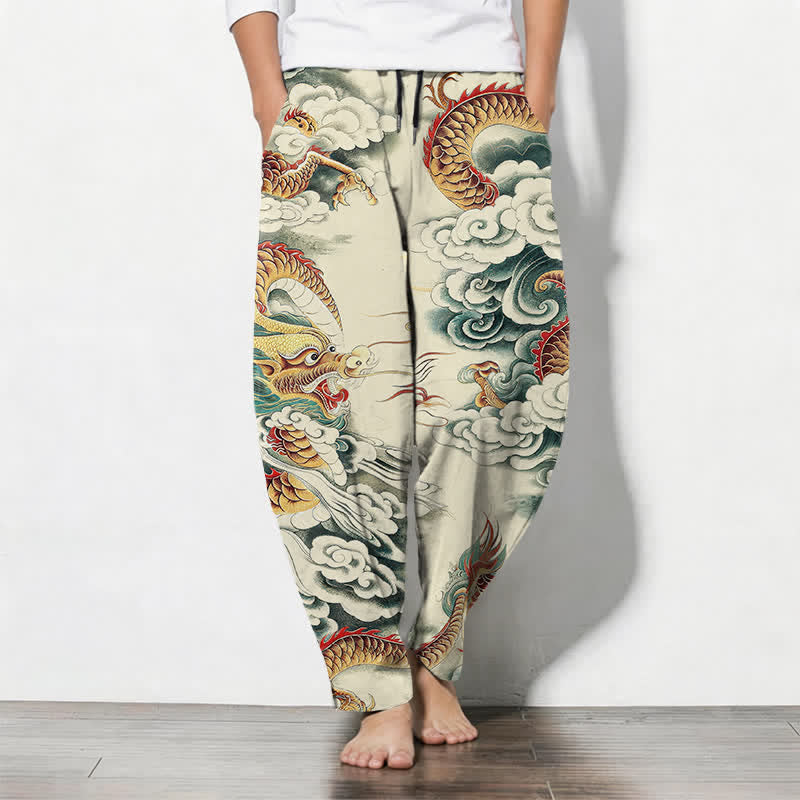 Buddha Stones Pantalones de hombre de algodón puro con estampado de dragón en las nubes, cordón ajustable y corte cónico, con bolsillos. - Beige - US/UK/AU50, EU60 (5XL) - image 0