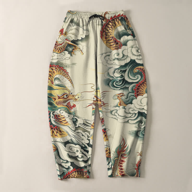 Buddha Stones Pantalones de hombre de algodón puro con estampado de dragón en las nubes, cordón ajustable y corte cónico, con bolsillos. - image 2