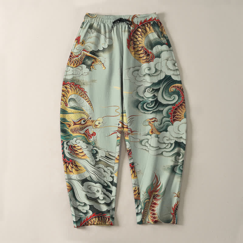 Buddha Stones Pantalones de hombre de algodón puro con estampado de dragón en las nubes, cordón ajustable y corte cónico, con bolsillos. - image 9