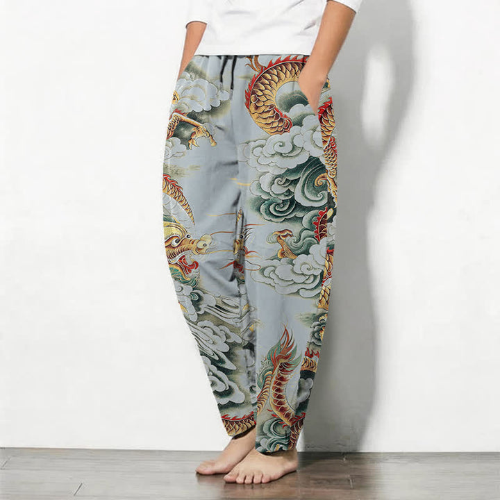 Buddha Stones Pantalones de hombre de algodón puro con estampado de dragón en las nubes, cordón ajustable y corte cónico, con bolsillos. - image 12